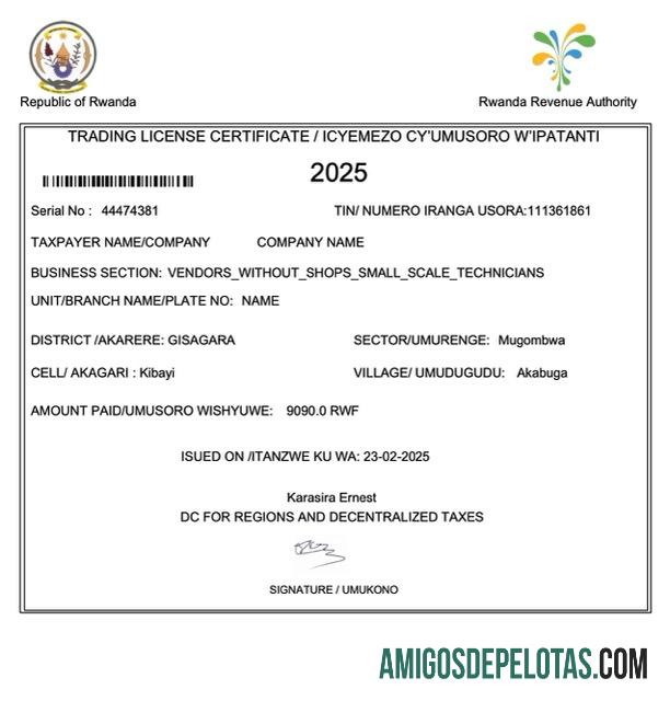 Certificado de Licença Comercial de Ruanda para download, modelo Word e PDF